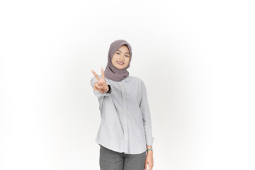 Showing Peace or Victory Sign Of Beautiful Asian Woman wearing hijab Isolated On White Background