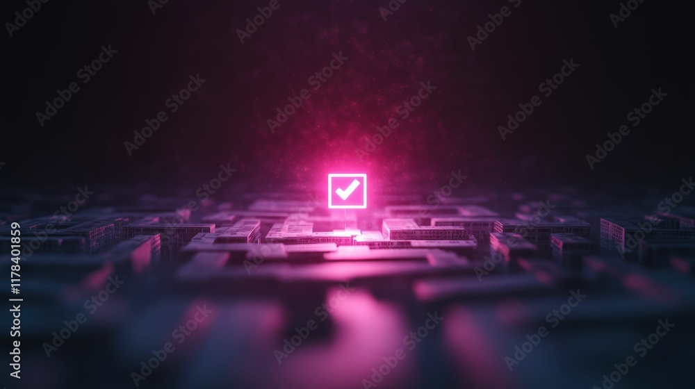 Poster a glowing checkmark icon stands out in a dark, maze-like environment, symbolizing achievement and su