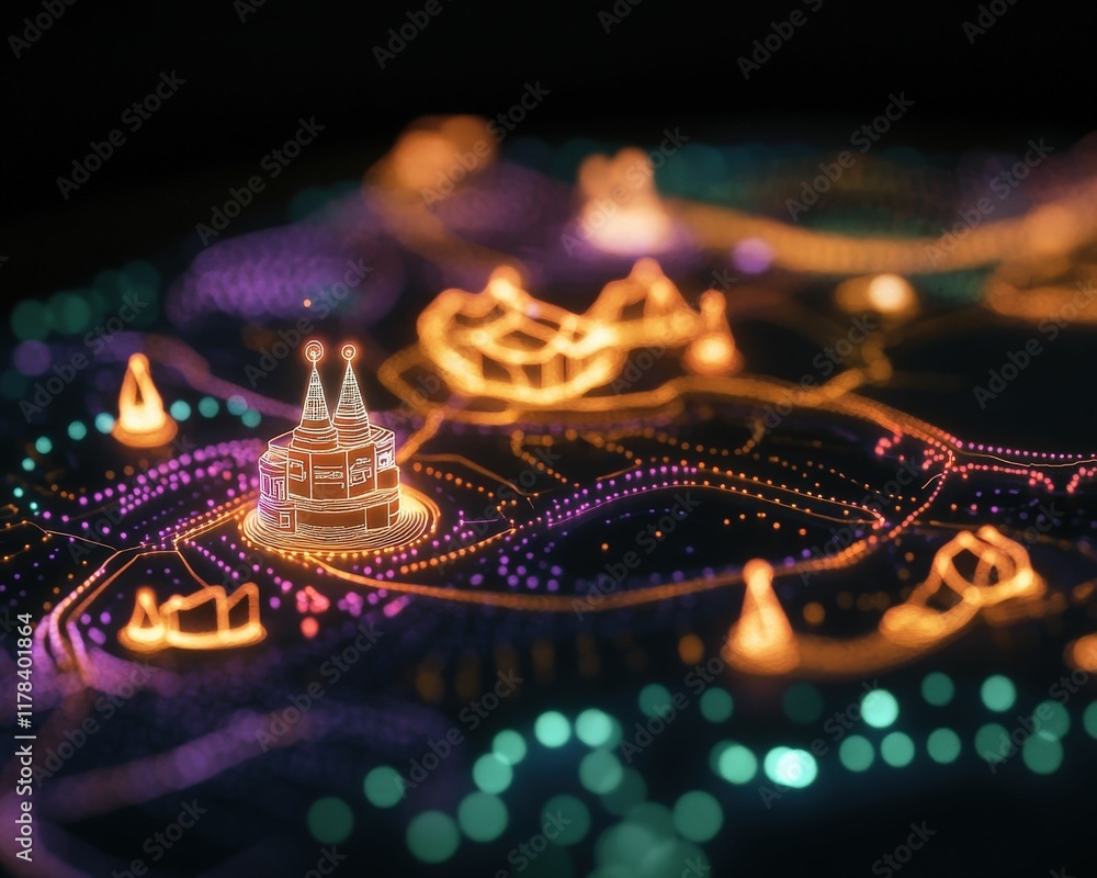 Poster a vibrant, illuminated map showcasing a fantastical landscape with intricate structures and colorful