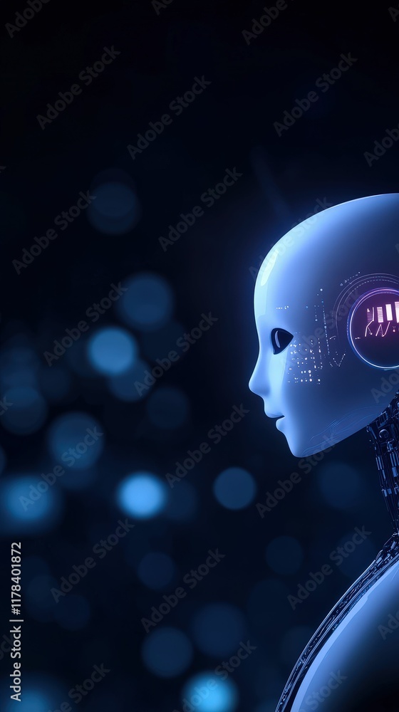 Poster a futuristic robotic head with glowing features against a blurred blue backdrop, symbolizing advance