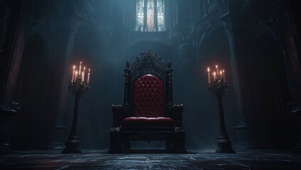 Red throne in dark gothic cathedral.