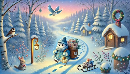 A Charming Winter Forest with a Bird Mail Carrier Delivering Enchanted Parcels to Woodland Creatures in a Whimsical Storybook Setting