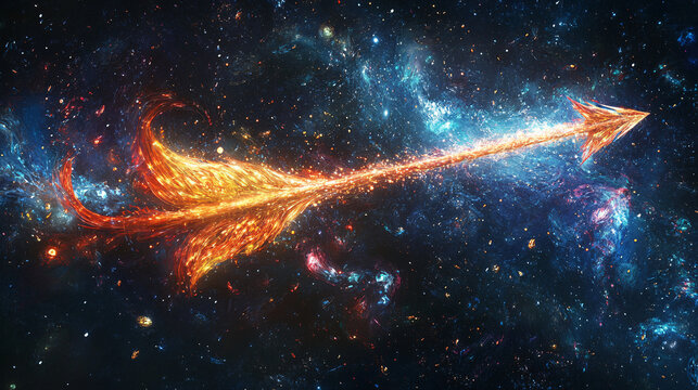 An arrow formed from strands of light, weaving through a dark, cosmic backdrop, representing inspiration and guidance in the universe. 