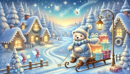 Charming Winter Tale: A Fluffy Bear Postman Delivering Magical Letters in a Snowy Pastel Fantasy Village