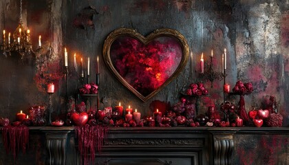 Romantic fireplace, heart mirror, candles, dark decor, Valentine's