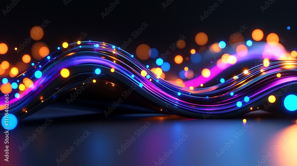 Poster abstract glowing wave with vibrant particles and bokeh lights on dark background.