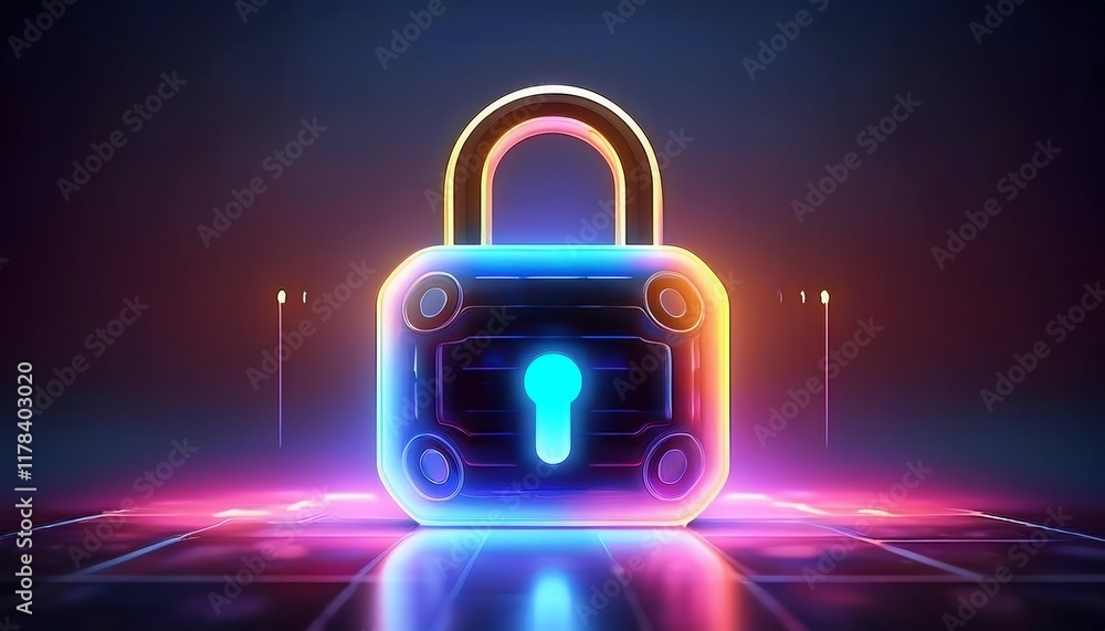 Poster a glowing digital padlock symbolizing security and encryption in a vibrant, futuristic setting.
