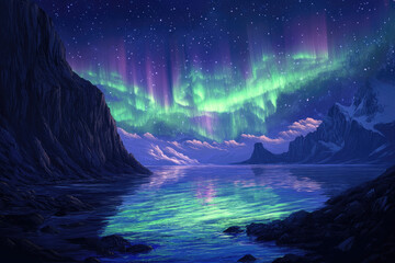 A serene coastal scene under the Northern Lights, with vibrant green and purple auroras reflecting...