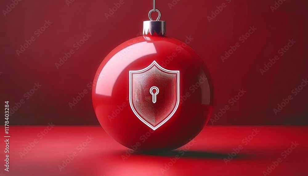 Poster A shiny red ornament featuring a shield and keyhole, symbolizing security, hangs against a matching red background.