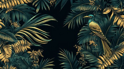 Tropical pattern of exotic birds and big palm leaves. Golden outline. Vintage vector botanical illustration. Seamless background, texture, wrapper pattern, frame or border. Digital nature art.