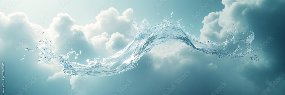 Poster an arrow made of flowing water, moving through an ethereal, cloud-filled sky, representing flexibili