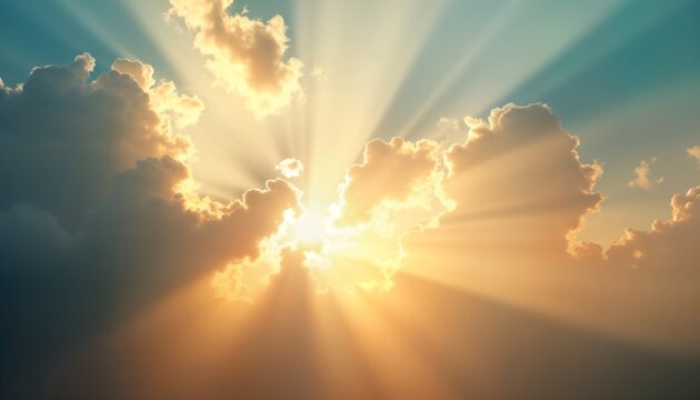 Golden sunbeams pierce dark clouds. Bright light creates dramatic sky scene. Cloudscape shows powerful sun rays. Inspiring, motivational image of nature. Beautiful atmosphere with golden light. No