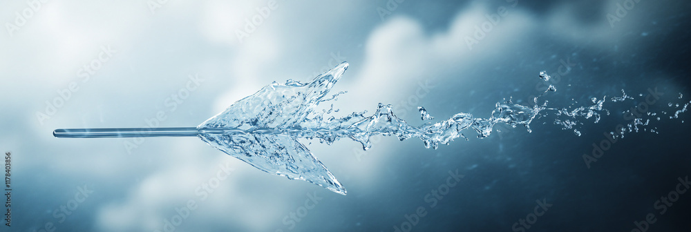 Poster an arrow made of flowing water, moving through an ethereal, cloud-filled sky, representing flexibili