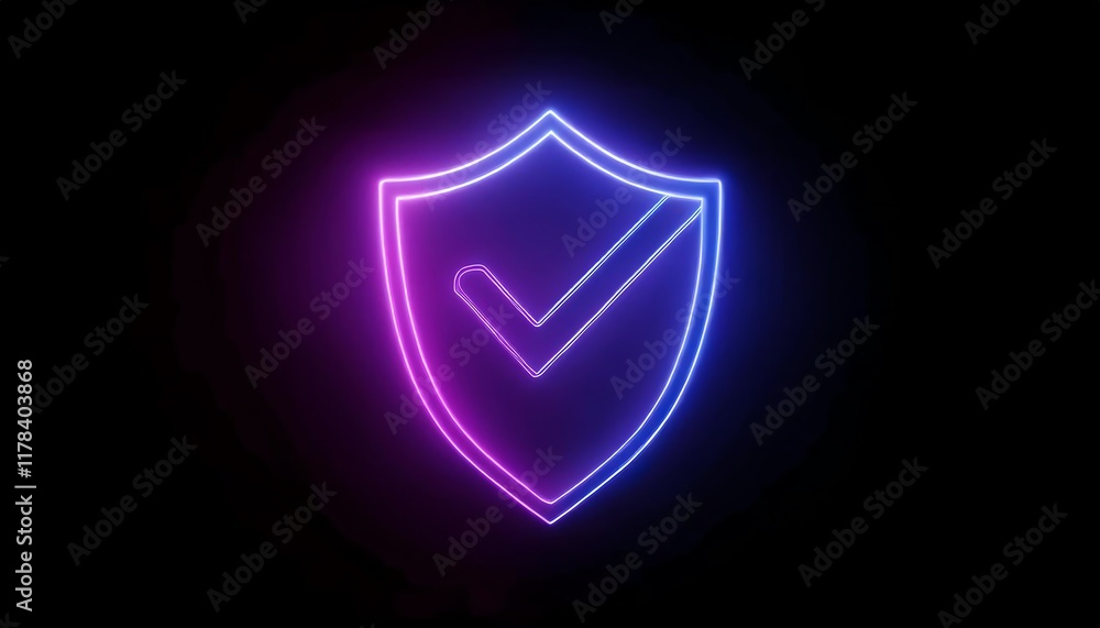 Poster a neon shield icon with a checkmark, representing security and approval against a dark background.