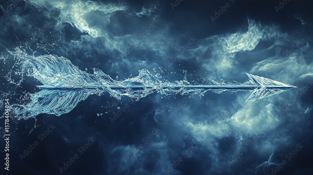 Poster an arrow made of flowing water, moving through an ethereal, cloud-filled sky, representing flexibili