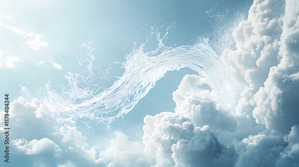 Poster an arrow made of flowing water, moving through an ethereal, cloud-filled sky, representing flexibili