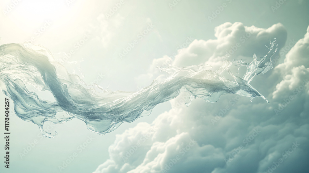 Poster an arrow made of flowing water, moving through an ethereal, cloud-filled sky, representing flexibili