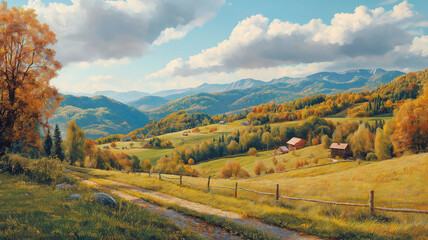 Naklejka premium Panoramic view of the Carpathian Mountains in autumn with agricultural fields and rolling hills