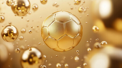Naklejka premium Golden soccer ball surrounded by bubbles, creating vibrant and dynamic atmosphere. shiny texture and rich color evoke excitement and energy in world of sports
