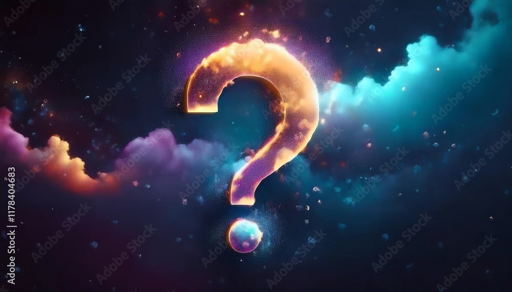 Poster a vibrant cosmic question mark emerges from colorful clouds, symbolizing curiosity and the search fo