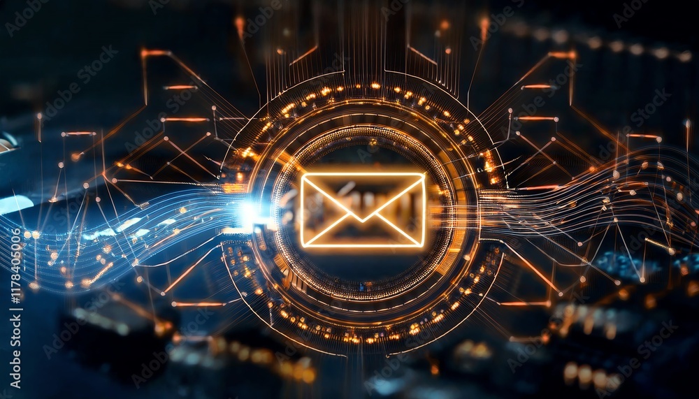 Poster a digital representation of an email icon surrounded by glowing circuits, symbolizing communication 