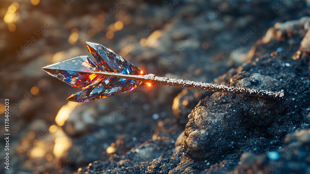 Poster an arrow made of shimmering gemstones, embedded in a rocky surface, representing value and the beaut