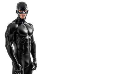 attractive young muscular man with athletic build in black latex cloth at plain white background with empty space for text or design