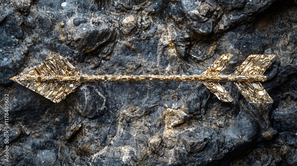 Poster an arrow made of shimmering gemstones, embedded in a rocky surface, representing value and the beaut