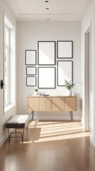 Fototapeta premium Modern minimalist hallway with framed art and wooden console in sunlit space
