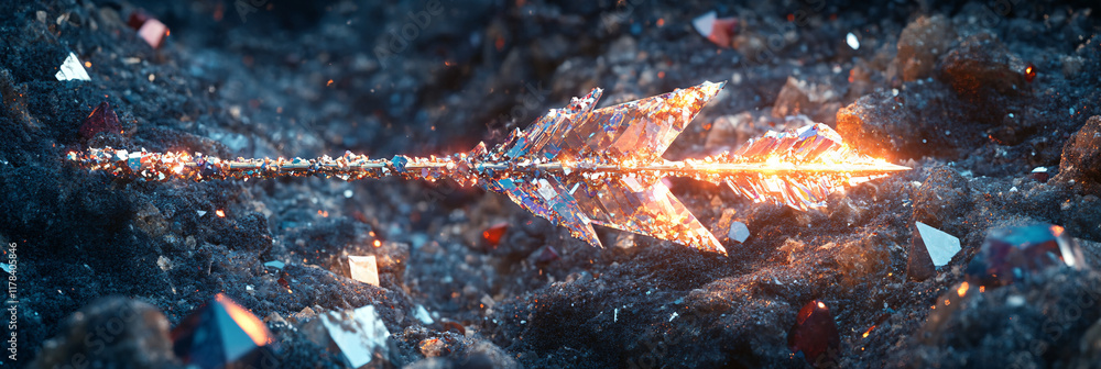 Poster an arrow made of shimmering gemstones, embedded in a rocky surface, representing value and the beaut