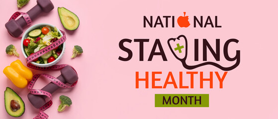 Bowl with vegetable salad, dumbbells and measuring tape on color background