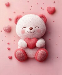 Fototapeta premium A cuddly teddy bear cradles a bright red heart against a soft pink backdrop, embodying love and warmth for Valentine's Day.