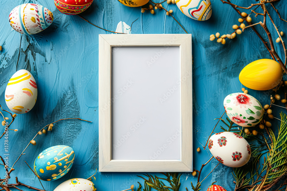 Poster white frame with a white background and a bunch of painted eggs surrounding it.