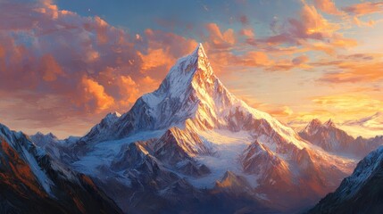 Majestic snow-capped peak sunset, Himalayan range, adventure travel poster