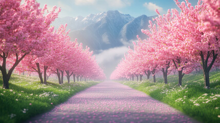 beautiful pink cherry blossom tree lined road with mountains in background creates serene and picturesque landscape. vibrant blossoms and lush greenery evoke sense of tranquility and joy