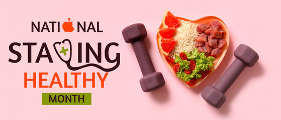 Plate with fresh healthy products and dumbbells on pink background. Diet concept