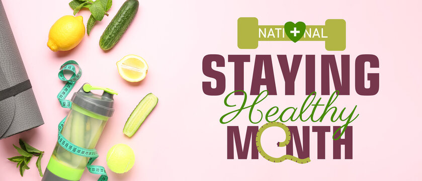 Bottle of lemonade with cucumber and sport equipment on pink background