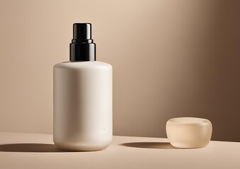 Mockup_1 (4961 x 3508 px) - A mockup bottle of skincare photography on a plain beige solid background