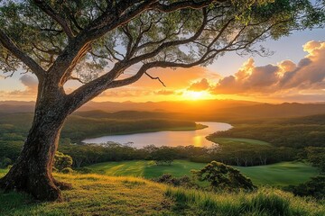 Fototapeta premium Serene Sunset over Rolling Hills and River, Golden Hour Landscape Photography