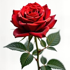 Beautiful red rose stands against white background. Close-up view shows intricate details of petals, leaves. Rose blossom vibrant, elegant. Perfect for romantic occasions nature lovers. Perfect gift