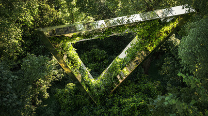 An arrow-shaped sculpture made of recycled materials, surrounded by lush greenery, representing sustainability and innovation in art.  