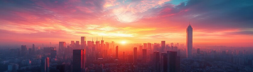 Stunning Urban Skyline at Sunset with Vibrant Colors and Skyscrapers Silhouetted Against a Dramatic Sky