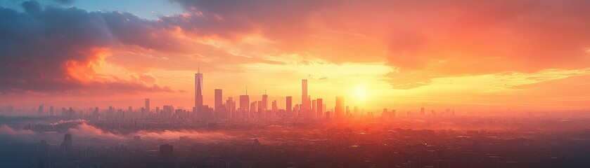 Fototapeta premium Stunning Urban Skyline at Sunrise with Vibrant Colors and Dramatic Clouds Over a Modern Cityscape