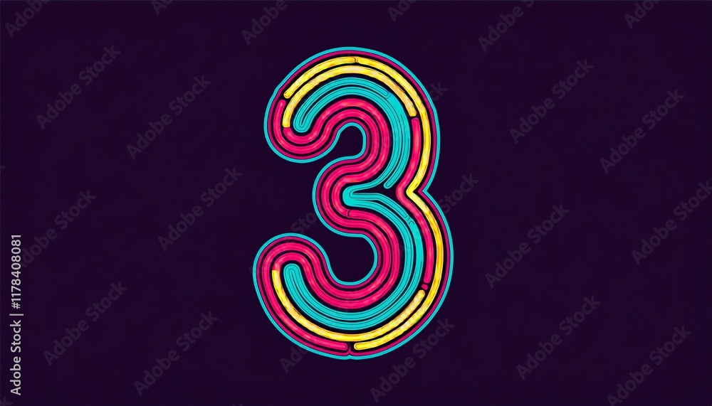 Poster a vibrant, stylized number three in colorful loops against a dark background, creating a playful and