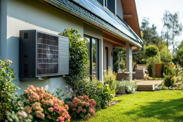 Modern Eco-Friendly House with Solar Panels and Air Conditioning Unit Surrounded by Lush Greenery and Colorful Flowers in a Sunny Garden