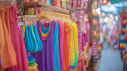 Vibrant market showcasing colorful clothing and accessories in a bustling atmosphere