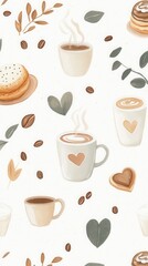 Cozy Coffee Shop Wallpaper with Heart Mugs and Cookies Pattern