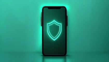 A glowing smartphone displays a shield icon, symbolizing digital security and protection against online threats, with a vibrant teal background.