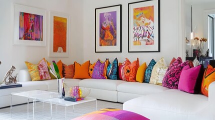 Modern Living Room Interior with Colorful Pillows and Artwork