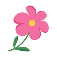Minimalistic pink flower with green leaves, yellow center, flat graphic style on white background, symbolizing simplicity and nature